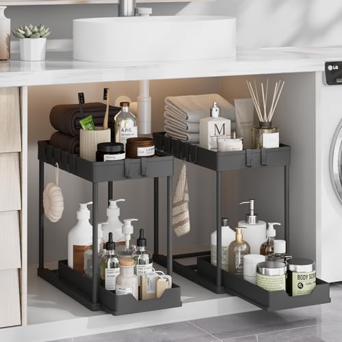 Meltrck Under Sink Organizer 2 Pack,Bathroom Under Cabinet Storage with Pull Out Sliding Drawers for Kitchen Organization,12.8 Inch,Black