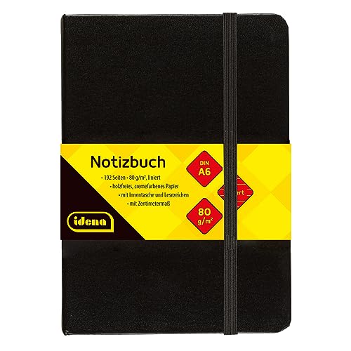 Idena 209285 - Cuaderno DIN A6, rayado, papel crema, 192 páginas, 80 g/m², tapa dura en negro, 1 ud.