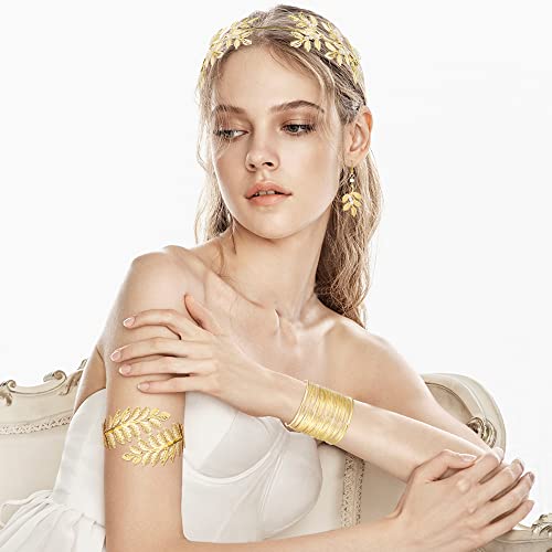 Fansilver Greek Goddess Costume Accessories for Women Gold Headpiece Upper Arm Cuff Bracelet Dangle Earring Goddess Gold Jewelry Set for Bridal Wedding Toga Party3