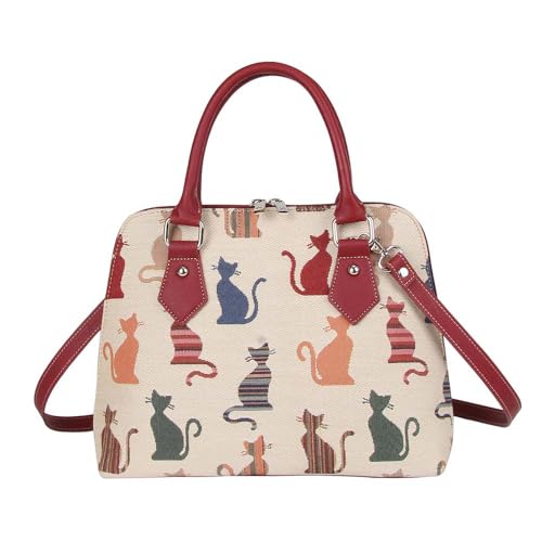 Signare Mode Femme Sac d'épaule Convertible en Toile Tapisserie Chat Malicieux