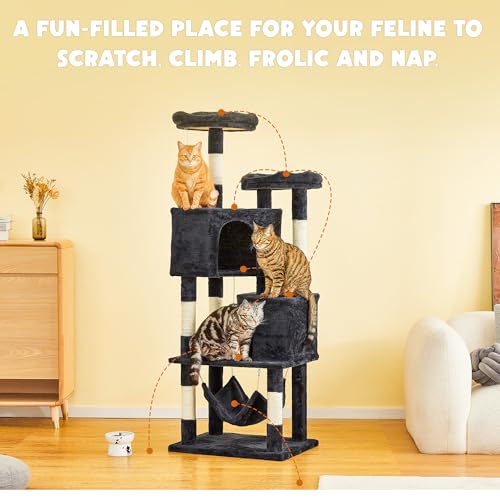 Árbol para gatos de interior 63in torre multi-niveles con 2 condos y juguetes miniatura 2
