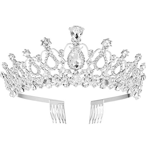 Tiara de boda FRCOLOR con cristales y peine corona de princesa plata para novias