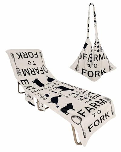 Beach Pool Patio Lounge Chaise Chair Cover Towel with Pockets,Farmhouse Beige Absorbent & Quick Dry Microfiber Towel Cover Bag Summer Travel Accessories Country Cow Star Pig Chicken Duck Rabbit