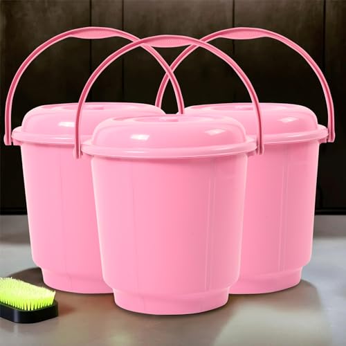 Kuber Industries Pack of 3 Bathroom Buckets - 18 Liter Water Storage Bucket With Lid & Handle - Pink Plastic Balti for Daily Use