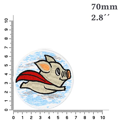 Image of Superhero Piggy Patch Iron-On | Superhero Pig sew On Emblem Flying Pig | Go Veggie Badge Vegan Animal Welfare | Say no to Meat | Fabric Applique| Gift for Kids and Adults - 2.75X2.75 in