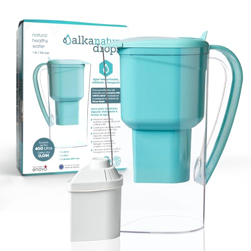 ALKANATUR Caraffa filtrante acqua Alkanatur Drops | Idrogena + ionizza + apporta magnesio | Elimina cloro + metalli + batteri | Normativa UNE 149101:2015 | Capacità 1.4L senza sostanze tossiche