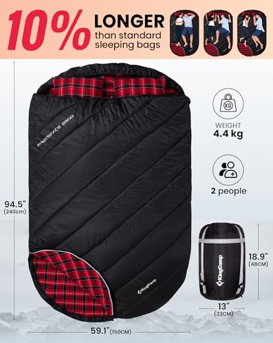 Image of KingCamp Double Sleeping Bag for Adults, Queen Size 2 Person XXL Flannel Sleeping Bag, Waterproof Lightweight Flannel Quilt with 2 Pillows, Perfect for Couples Family Camping Hiking