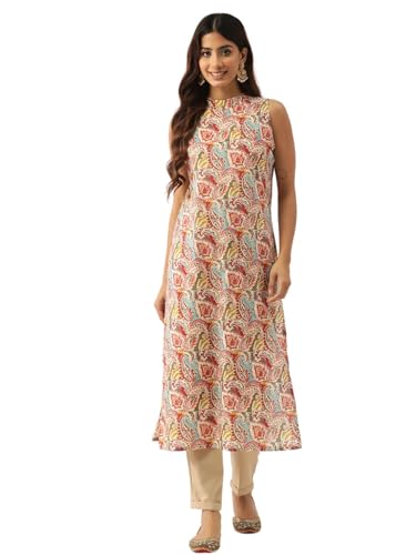 Image of feranoid Unique Printed Choker Neck Back Button Sleeveless Long Kurti
