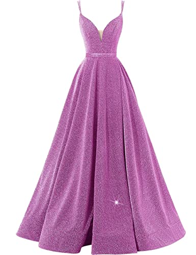Image of V-Neck Prom Dresses for Women 2025 with Slit A Line Spaghetti Strap Sparkly Formal Party Evening Gown with Pockets,Purple,US26W