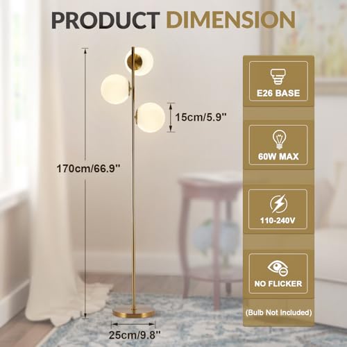 Image of BOKT Modern Gold Floor Lamps Mid Century 3-Light Globe Standing Lamp Tall Pole Floor Light with Frosted Glass Contemporary Adjustable Floor Lamp for Living Room Reading Bedroom