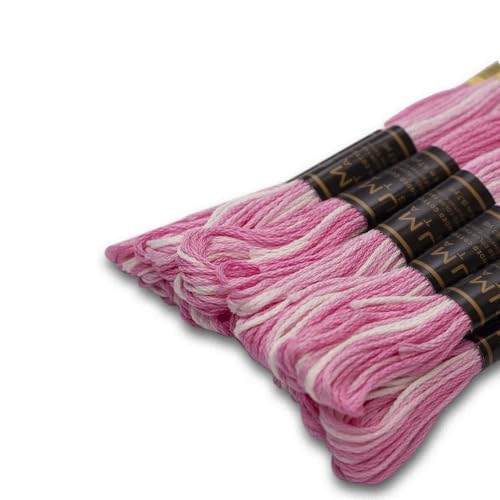 Image of Pack of 12 Premium Embroidery Thread | 100% Egyptian Cotton Premium Skeins | Cross Stitch Embroidery Floss | Oeko TEX Certified | Ideal for Arts & Crafts (Light Pink Variegated 1201)
