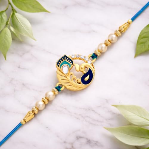 Image of Riddhika Ventures Religious Meenakari Om and Peacock Feather Rakhi With Roli Chawal And Greeting Card