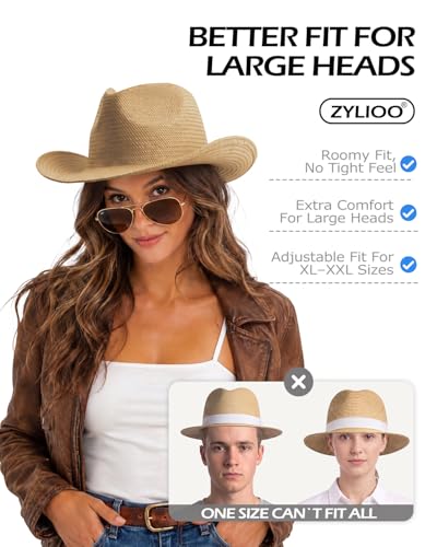 Image of Zylioo XXL Straw Cowboy Hat,Large Size Western Cowgirl Hat,Wide Brim Summer Sun Hats,Breathable Beach Travel Hats