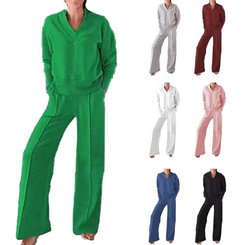 Ensemble haut et pantalon à col en V vert tenue décontractée en tricot