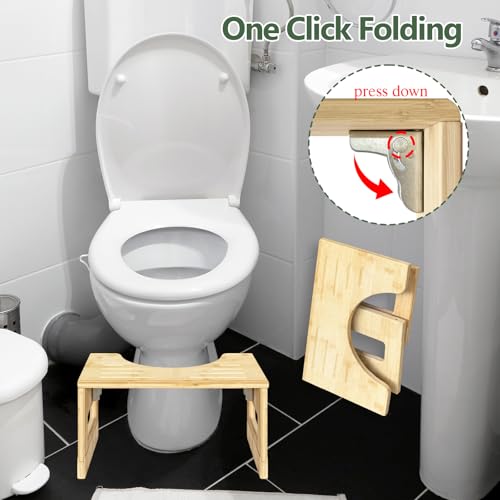 Bamboo Wood Toilet Step Squat 7in & 9in Adjustable Heights - Foldable Wooden Squatting Potty Stool for Adults & Kids, Non-Slip & Portable Foot Pooping Steps for Toilet Healthy Posture
