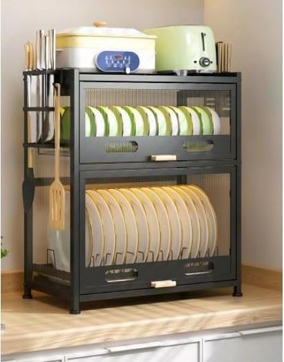 Glaceon Shelving Unit Metal Storage Shelf,Baker's Rack with Magnetic Double Doors,Drying Rack Organizer Cabinet with Draining Trays, Heavy Duty Standing Storage Rack for Kitchen (GC-06)