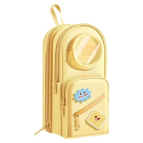 Image of Cute Pencil Pouch for Kids,Yellow Multi-Compartment Zipper Pen Case with Front Pocket & Round Utility Pocket, Large Capacity School Stationery Organizer for Girls & Boys