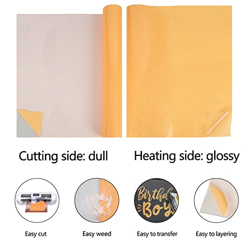 Image of guangyintong Glow Glitter Orange Yellow Heat Transfer Vinyl HTV Rolls, 12 inch x 8ft Iron on Vinyl for T-Shirts, Glitter HTV Vinyl for All Cutter Machines Easy to Cut & Weed for DIY Design