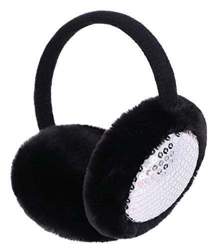 Simplicity Faux Fur Fluffy Knit Patterned/Sequin Winter Ear Warmers, Black