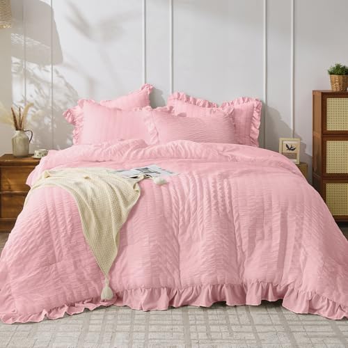 JOLLYVOGUE Pink Seersucker Queen Comforter Set, 3 Pieces Bed in a Bag Comforter Set, Lightweight & Fluffy Bedding Sets Queen for All Season with 1 Ruffle Comforter and 2 Ruffle Pillowshams