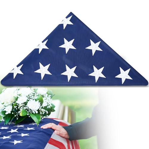 Mindsoft 1 Pcs 5 x 9.5 ft Folded Memorial American Flag USA Burial Embroidered Stars Sewn Stripes Memorial Flags for Graves Casket Veteran Military Display Case 4 Rows of Lock Stitching