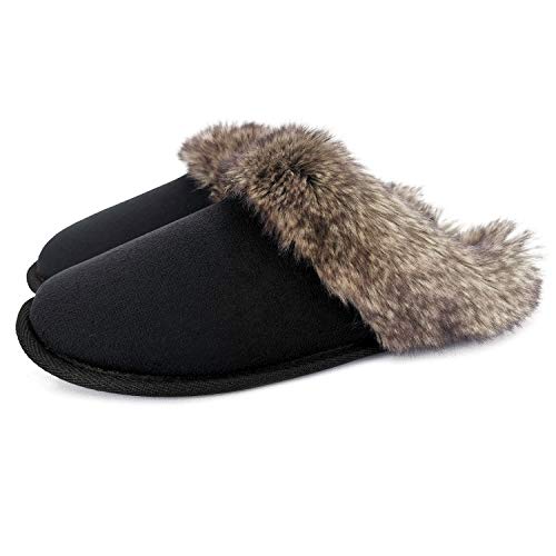 ofoot Womens Winter Warm Indoor Outdoor Fur Slippers Moccasins Suede Clogs Cozy Fleece Knit Lined Non Slip Hard Rubber Sole(5-Black,US 7-8)