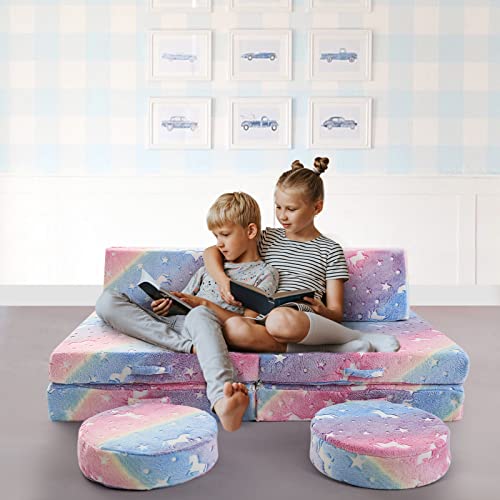 Memorecool Kids Couch Sofa Modular Toddler Couch For Bedroom Playroom, 8-Piece Fold Out Couch Play Set, Creative Baby Couch Children Convertible Sofa Kids Foam Couch, Glow In The Dark Unicorn #TOP6