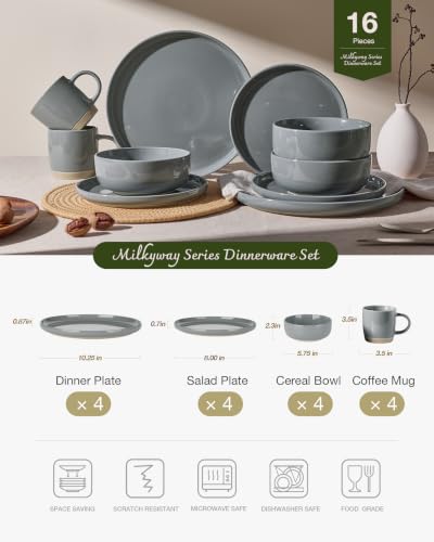 Image of Famiware Milkyway Stoneware Dinnerware Sets with Mugs, Service for 4 (16pcs), Plates and Bowls Sets, Scratch Resistant, Microwave and Dishwasher Safe Dishes Set, Dark Gray