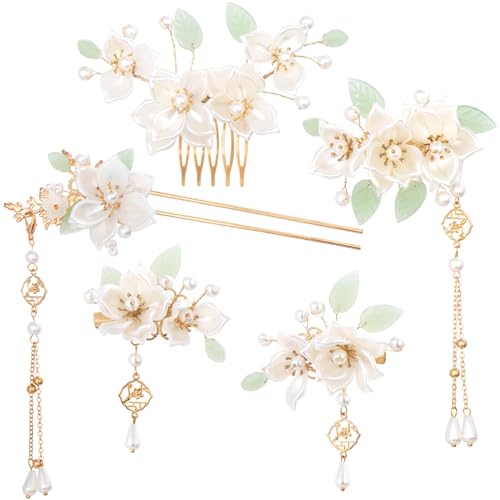 HINZIC 5PCS Camellia Flower Tassels Hairpin, Crystal Rhinestone Pearl Hair Clips Headpiece Retro...