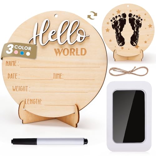 Image of Hello World Sign for Baby Announcement: Gender-Neutral Wooden Welcome Newborn Signs for Hospital with Footprint - Baby Birth Round Board for New Boy and Girl