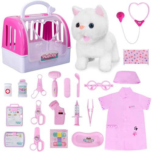 Doctor Kit for Girls -Vet Play Sets for Kids, Pretend Play Doctor Set with Pet Cage and Kitten Toy, Doctor Play Gift for Kids Toddlers Ages 3 4 5 6 Year Old for Role Play (White Kitten)
