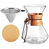 Tressify Eleganter Kaffeebereiter, 800 ml Borosilikatglas mit Holzgriff, inklusive Edelstahlfilter und Untersetzern für perfektes Brühen
