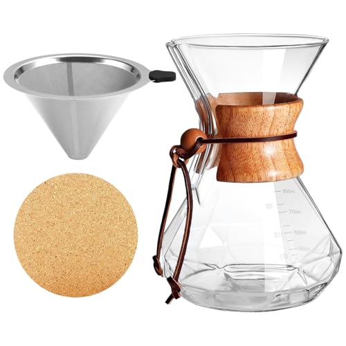 Juego de cafetera, 800 ml, vertido, vidrio borosilicato alto, mango de madera, 1 filtro de acero inoxidable, con 4 posavasos, diseño elegante, vertido suave, sirve una sola pieza