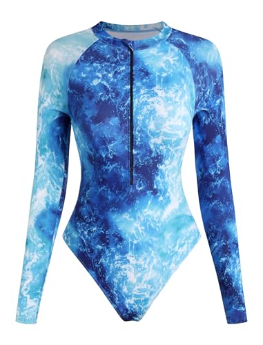 Image of ZAFUL Women's Long Sleeve Rash Guard Swimsuit One Piece Zipper Surfing Bathing Suit