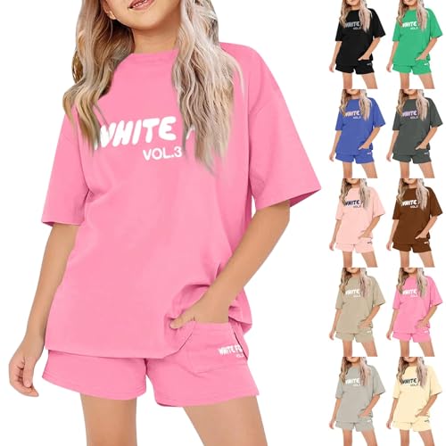 Trainingsanzug-Set für Mädchen, T-Shirt und Shorts, 2-teilig, Sportbekleidung, Sommer-Outfits, kurzärmelig, lässig, übergroß, lockerer Buchstabendruck, Oberteil, Sweatshirt und Sweatpants, D004, 11-12 Trainingsanzug-Set für Mädchen, T-Shirt und Shorts, 2-teilig, Sportbekleidung, Sommer-Outfits, kurzärmelig, lässig, übergroß, lockerer Buchstabendruck, Oberteil, Sweatshirt und Sweatpants, D004, 11-12