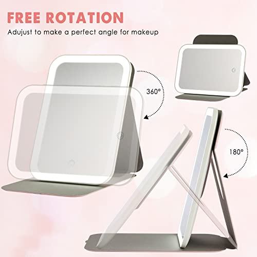 Vanity Mirror With Lights, 8" Portable Makeup Mirror W/Touch Dimmable Foldable Memory Function, 360° Rotating Rechargeable Travel Mirror With Light, Slim Compact Mirror For Desk #TOP4