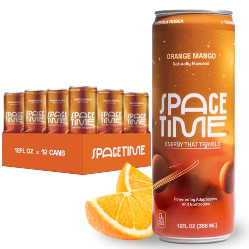 SpaceTime Productivity & Focus Energy Drink – Real Juice Infused Nootropic Drink with 50mg Organic Caffeine, L-Theanine, Rhodiola & B Vitamins – Clean, Low-Caffeine Brain Boost – Orange Mango, 12 Pack (12 Fl Oz Cans)