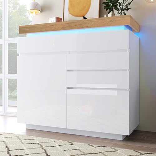 FammyLoft High Gloss Sideboard with 2 Doors and 3 Drawers, LED Cabinet for Living Room, Dining Room, Hallway, Kitchen, Storage Display Cabinet with LED Light, App-Controlled, White