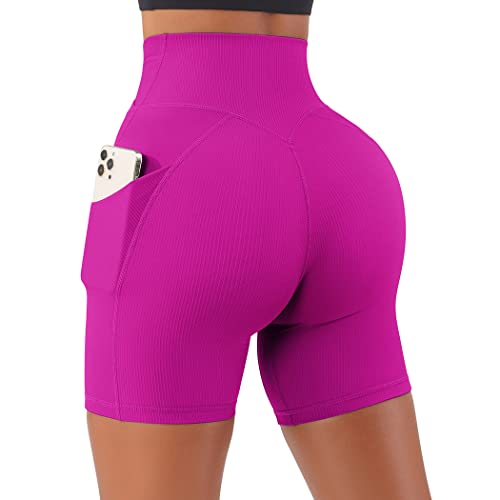 Suuksess Women Cross Waist Workout Shorts With Pockets Ribbed High Waisted Booty Biker Shorts (#1 Hot Pink, M) #TOP4