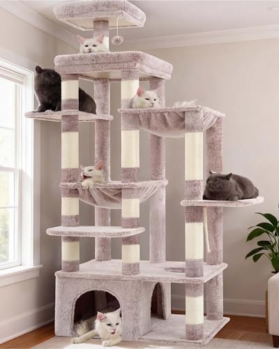 Image of Heybly Cat Tree, 71-Inch Tall Cat Tower for Large Maine Coon Cats with Extra-Large Baseboard, Cat Condo Furniture with Multi-Level Platforms, 2 Hammocks and 12 Scratching Posts, Muchroom HCT037MU