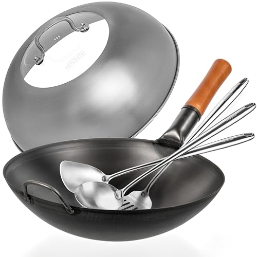 Image of YOSUKATA Carbon Steel Wok Pan - 14 in Woks and Stir Fry Pans - Chinese Wok with Round Bottom Wok + Wok Lid 13.6 Inch - Premium Stainless Griddle Dome + 17" Wok Spatula and Ladle and Turner