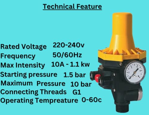 Image of Resale By JES Automatic Electronic Water Pump Pressure Controller Switch - 220V-240V, 10A, 1.1kW, with Gauge, G1 Thread, 1.5 Bar Start Pressure, 10 Bar Max, IP65 Waterproof, High-Grade Polymer