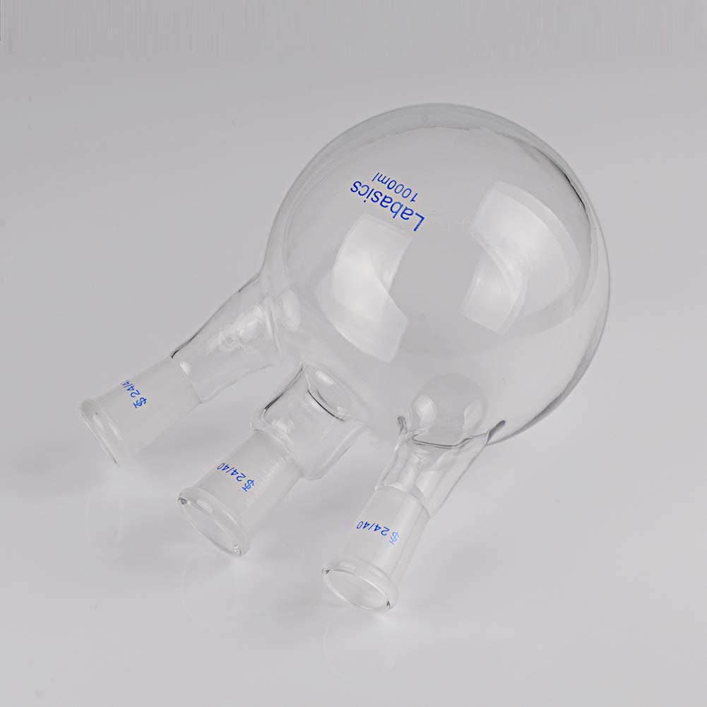Labasics Vidrio 1000ml RBF Matraz de Fondo Redondo con 3 Cuellos de Ángulos, 3 Neck Round Bottom Flask con Junta Exterior 24/40 Central y Lateral Estándar - 1000ml