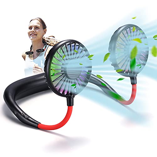 Portable Hanging Neck Sports Fan - 2600mAh Led Light Hands Free USB Rechargable Personal Wearable Neckband Fans Battery Operated 3 Level Air Flow Mini Necklace Fan Headphone Design Cooling Around Head fan for Camping