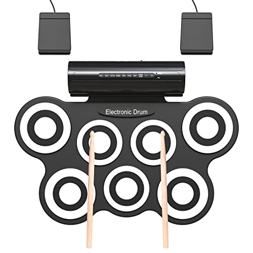 7 Pads Electronic Drum Set, Roll Up Drum Practice Pad Midi Drum Kit with Headphone Jack Built-in Speaker Drum Pedals Drum Sticks 10 Hours Playtimeï¼ˆWhite)