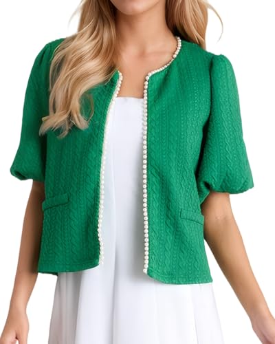 Image of Kedera Puff Short Sleeve Tweed Jacket Women Cropped Jackets Summer Open Front Elegant Trimmed Cardigans with Pearls