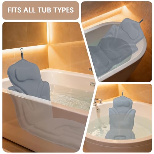 Ergonomic Full Body Bath Pillow for Bathtub, 5D Luxury Spa Cushion with 114 Non-Slip Suction Cups, Extra Long Thick Bath Pillow for Full Body Support, for Adult with Laundry Bag & Hook (Grey)