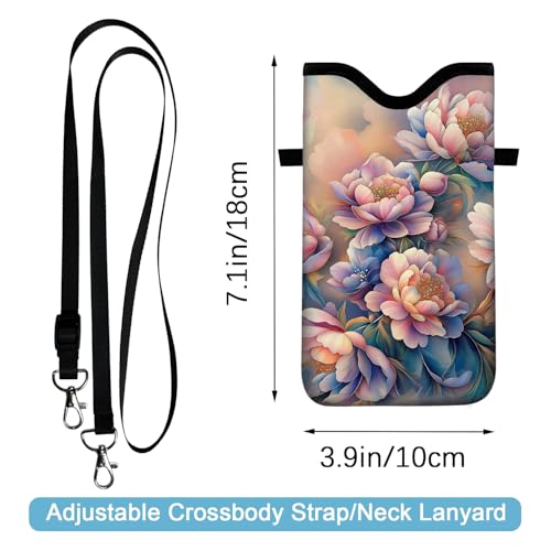 Image of Neoprene Cell Phone Sleeve Pouch Case Bag with Crossbody Strap Neck Lanyard for Women 7.1 X 3.9 in Rich Flower