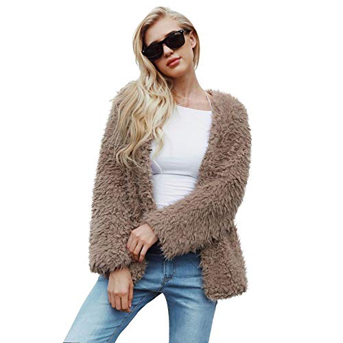 Comeon Women Long Sleeve Fluffy Fuzzy Faux Fur Coat Open Front Cardigan Jacket Coat Shaggy Shearling Parka (Khaki,Medium(US 6-8))