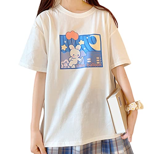 Image of Harajuku Style Kawaii Fashion Pastel Gothic Clothes Soft Crewneck Cartoon Bunny with Balloon Print T-Shirt M White